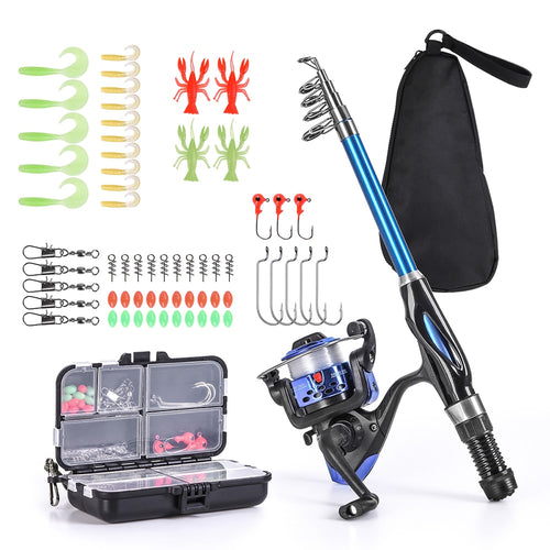 Blusea Fishing Rod Reel Combo Full Kit 1.3m Telescopic Fishing Rod Spinning Reel Set with Hooks Lures Barrel Swivels Storage Bag