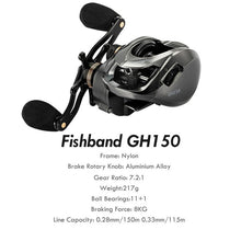 Load image into Gallery viewer, Fishband Baitcast Reel GH100 GH150 7.2:1 Carp Bait Cast Casting Carbon Fishing Reel For trout perch tilapia Bass Fishing Tackle