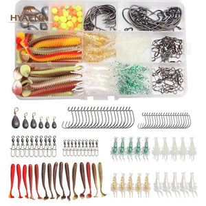 Hyaena 151pcs Fishing Accessories Kit Texas Rigs Swivels Worms Shrimp Weights Sinker Beads Hook Squid Fishing Tackle Box