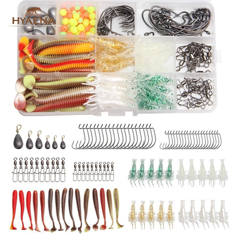 Hyaena 151pcs Fishing Accessories Kit Texas Rigs Swivels Worms Shrimp Weights Sinker Beads Hook Squid Fishing Tackle Box